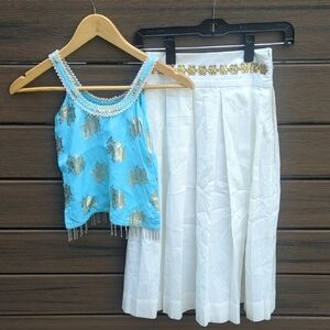 Girls Indian Punjabi 2 Piece Lengha Blue White Embellished Set - Size 5-6